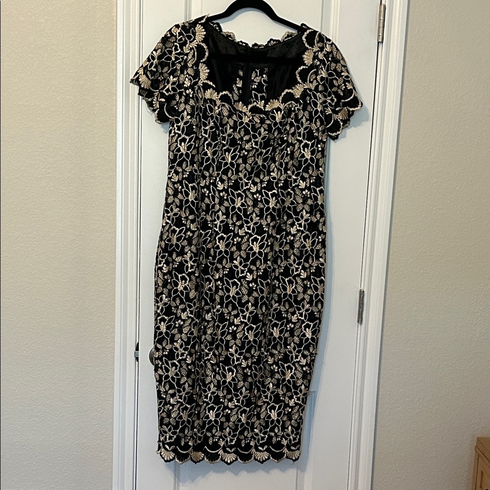 Black Midi Dress with Ivory Floral Lace Overlay